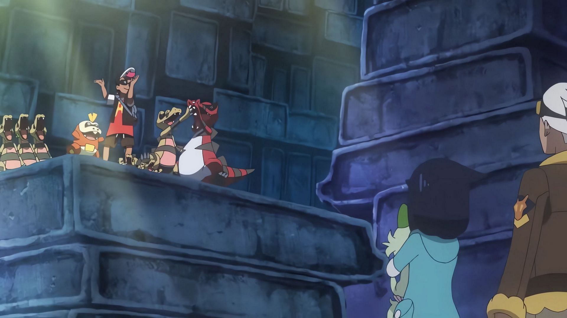 Gli eroi di Pokemon Horizons si riuniscono nel nido dei coccodrilli del deserto nell'episodio 37 (Immagine tramite The Pokemon Company)