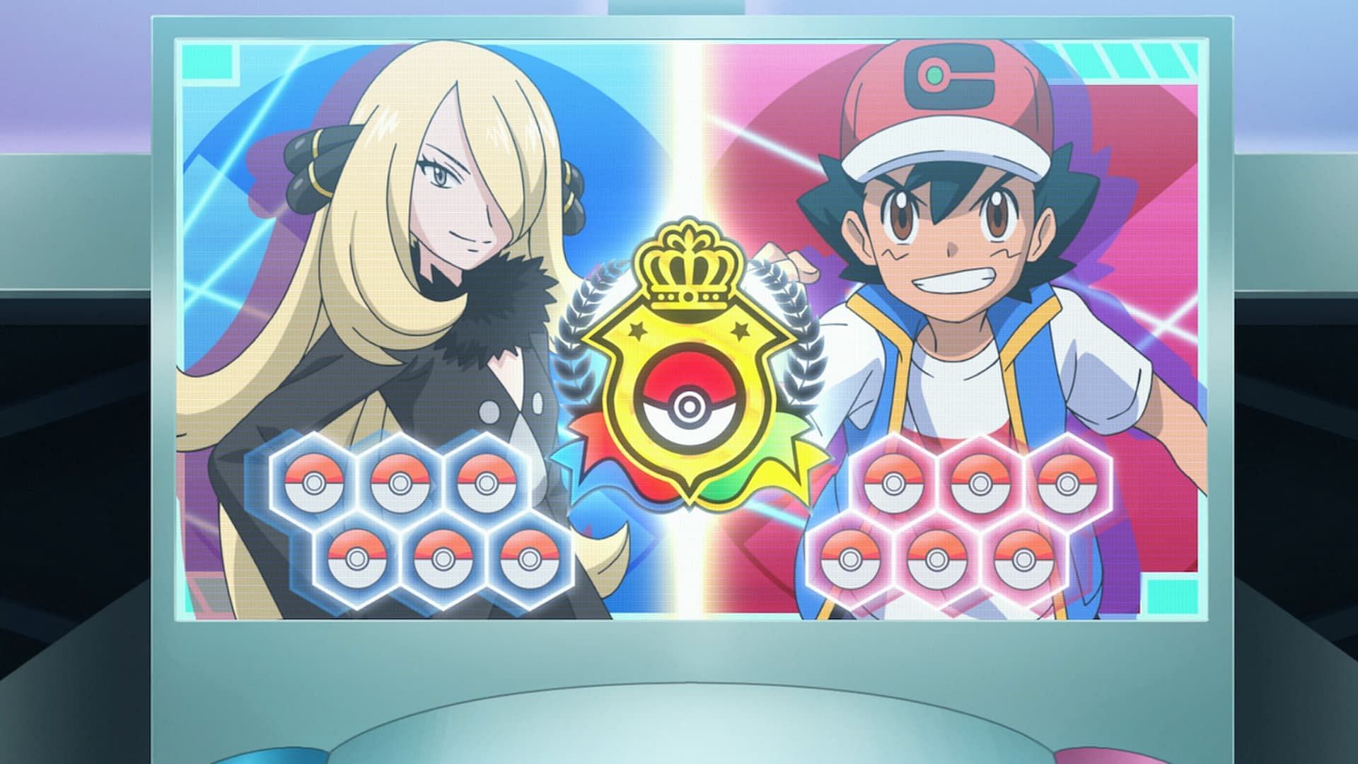 Ash affronta la campionessa di Sinnoh Cynthia (immagine tramite The Pokemon Company)