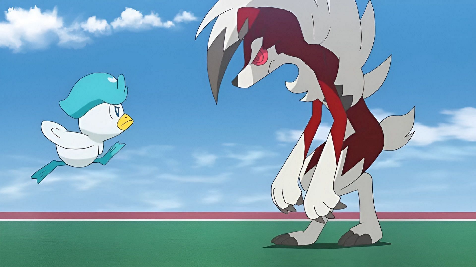 Quaxly e Lycanroc combattono in Pokemon Horizons Episodio 41 (Immagine tramite The Pokemon Company)