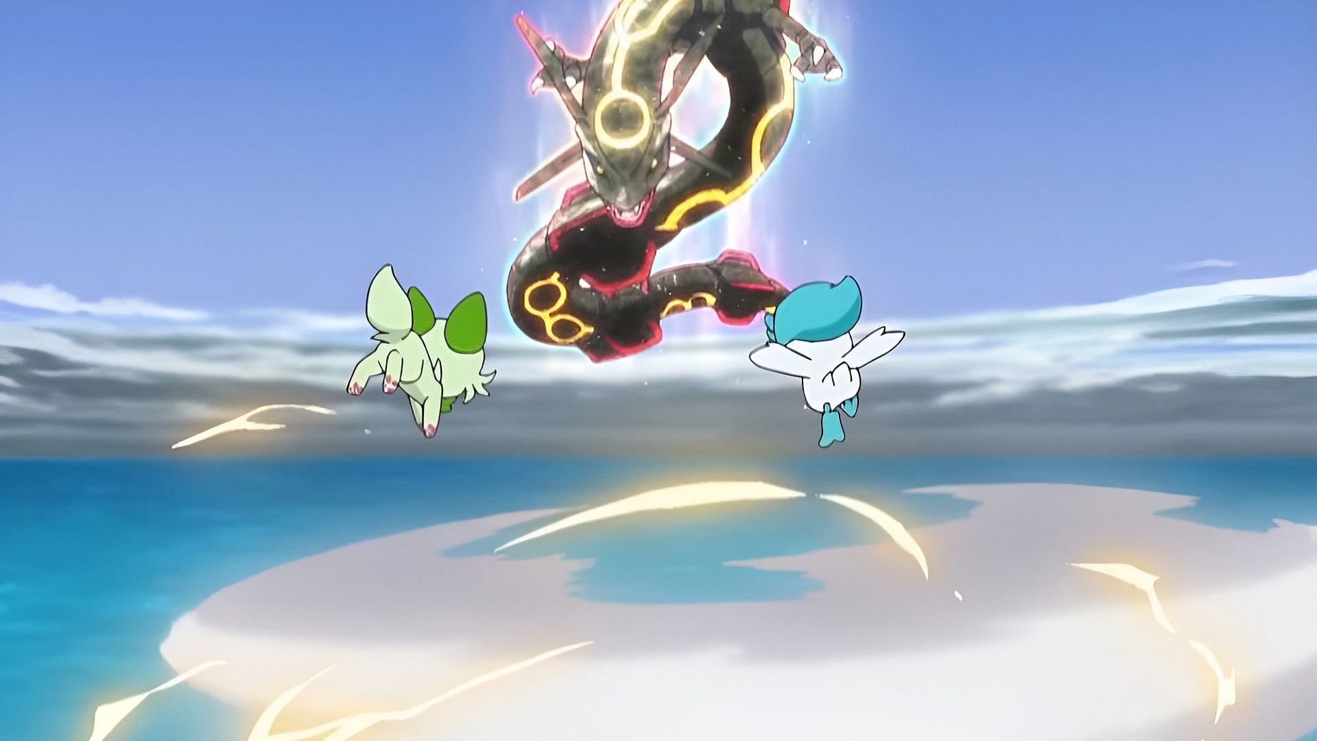 Sprigatito e Quaxly si lanciano per attaccare Rayquaza nel nostro riepilogo dell'episodio 45 di Pokemon Horizons (Immagine tramite The Pokemon Company)