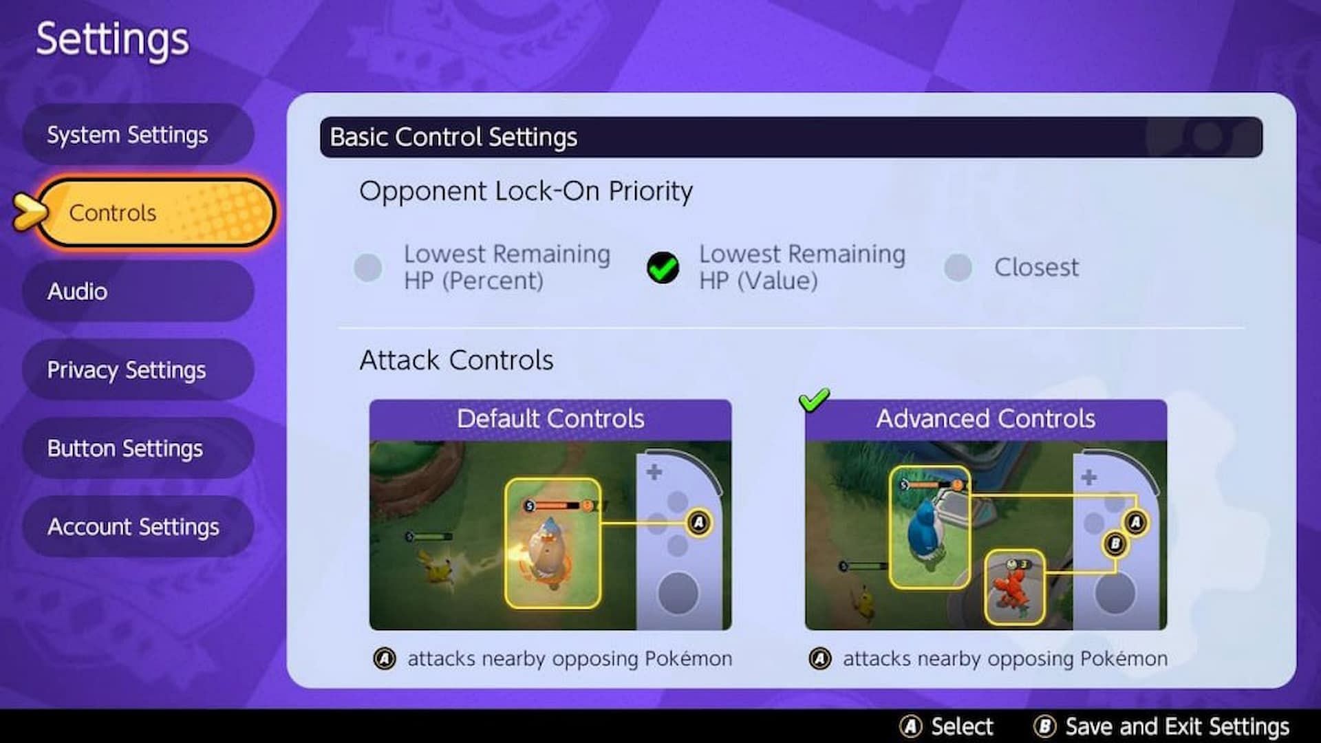 Trova l'impostazione Lock-On nella sezione Controlli (Immagine tramite The Pokemon Company)