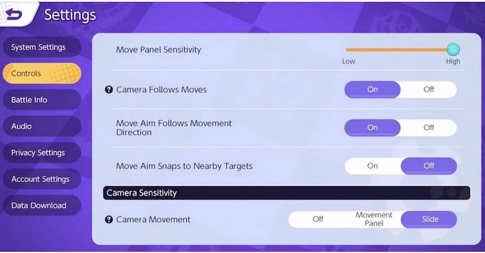 La sensibilità della fotocamera può essere trovata nella sezione Controlli in Pokemon Unite (Immagine tramite The Pokemon Company)
