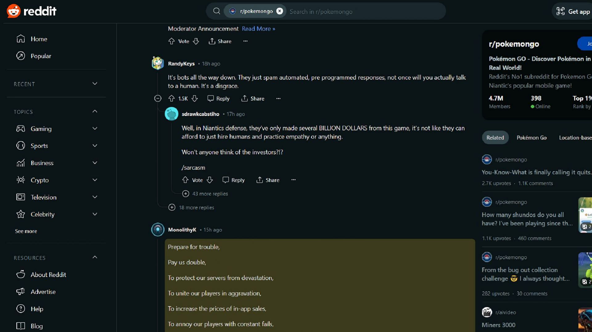 I fan di Pokemon GO rivolgono pesanti critiche a Niantic per il loro supporto in-game (Immagine tramite Reddit)
