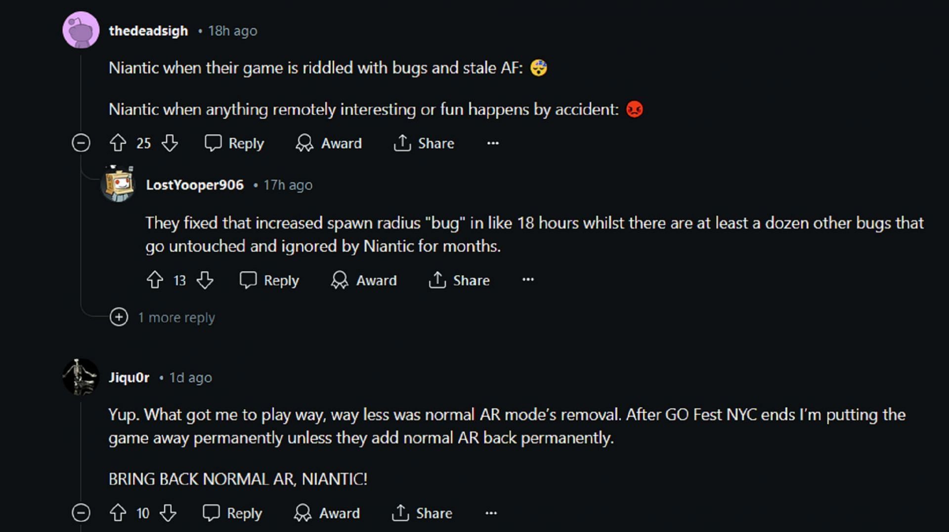 I fan di Pokemon GO non erano timidi nel criticare Niantic (Immagine via Reddit)
