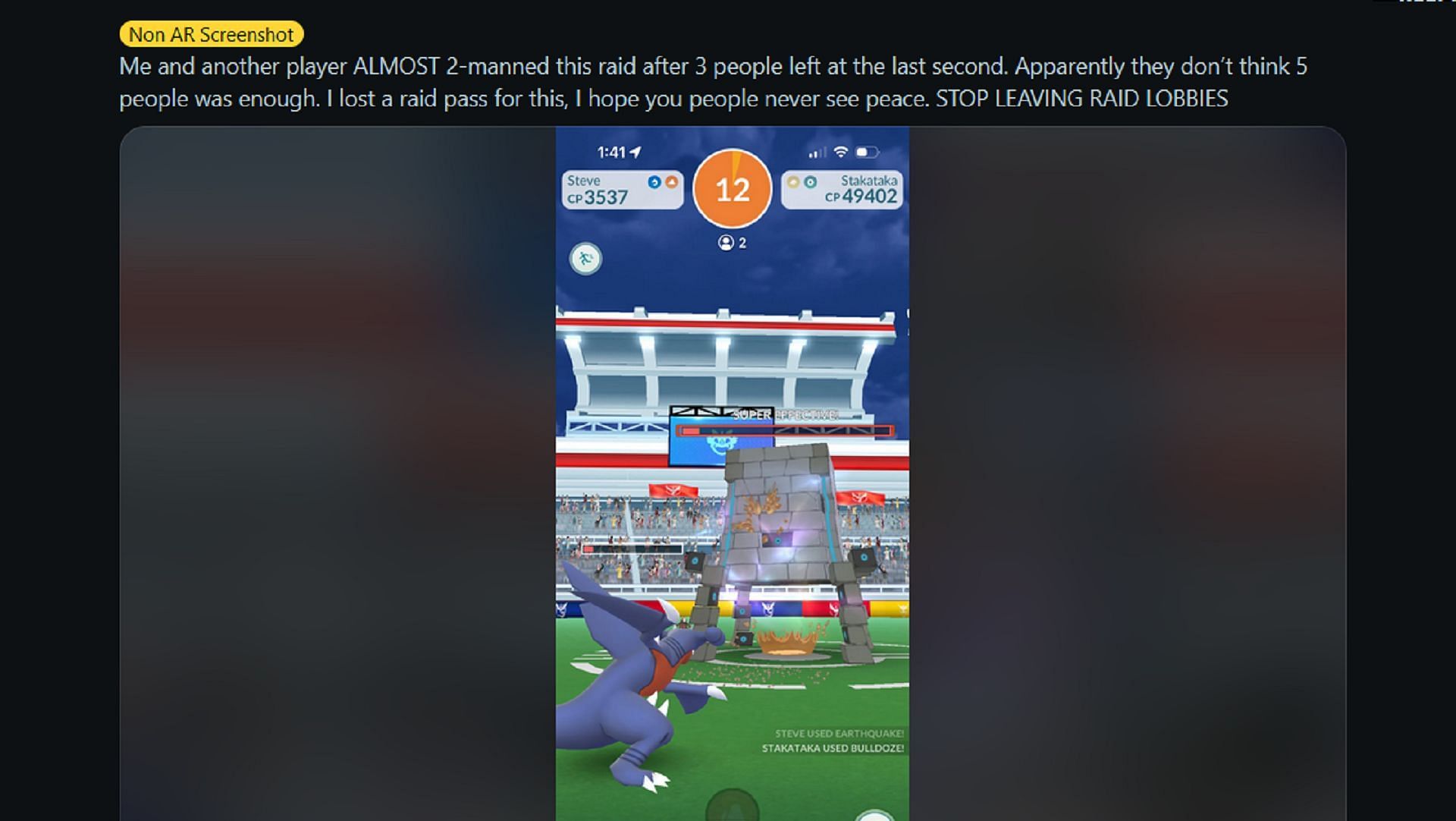 Giocatori come Broombot01 hanno espresso frustrazione nei confronti degli allenatori che abbandonano anticipatamente i raid di Pokemon GO (Immagine tramite u/Broombot01/Reddit)