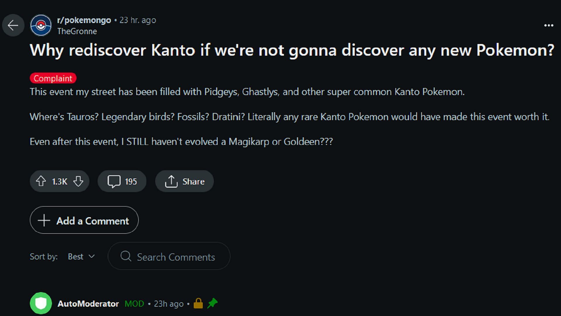 TheGronne critica l'evento Rediscover Kanto di Pokemon GO per la mancanza di Pokemon decenti nella regione di Kanto (Immagine via u/TheGronne/Reddit)