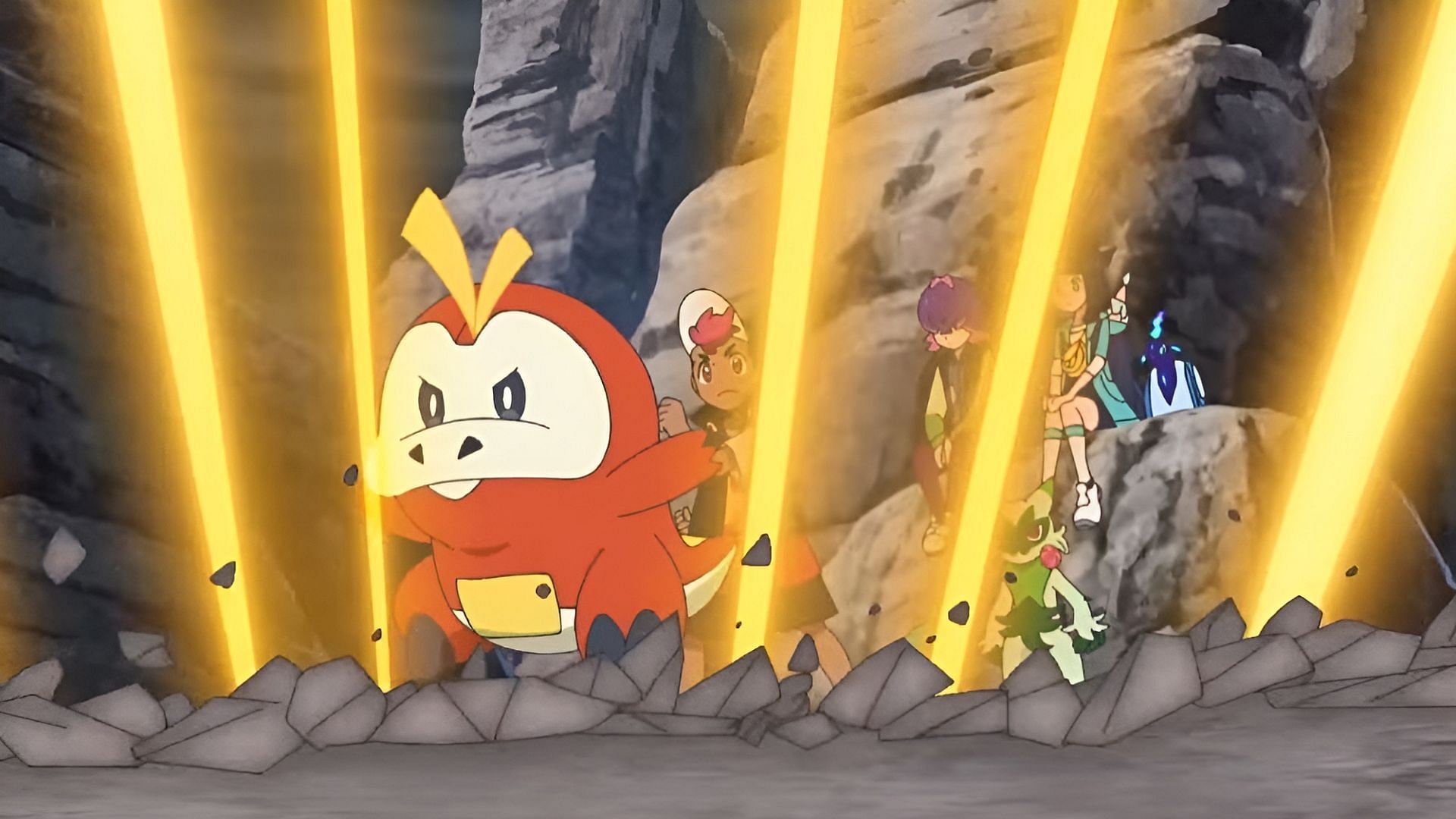 Roy e Fuecoco si allenano per combattere Brassius in Pokemon Horizons Episodio 48 (Immagine tramite The Pokemon Company)