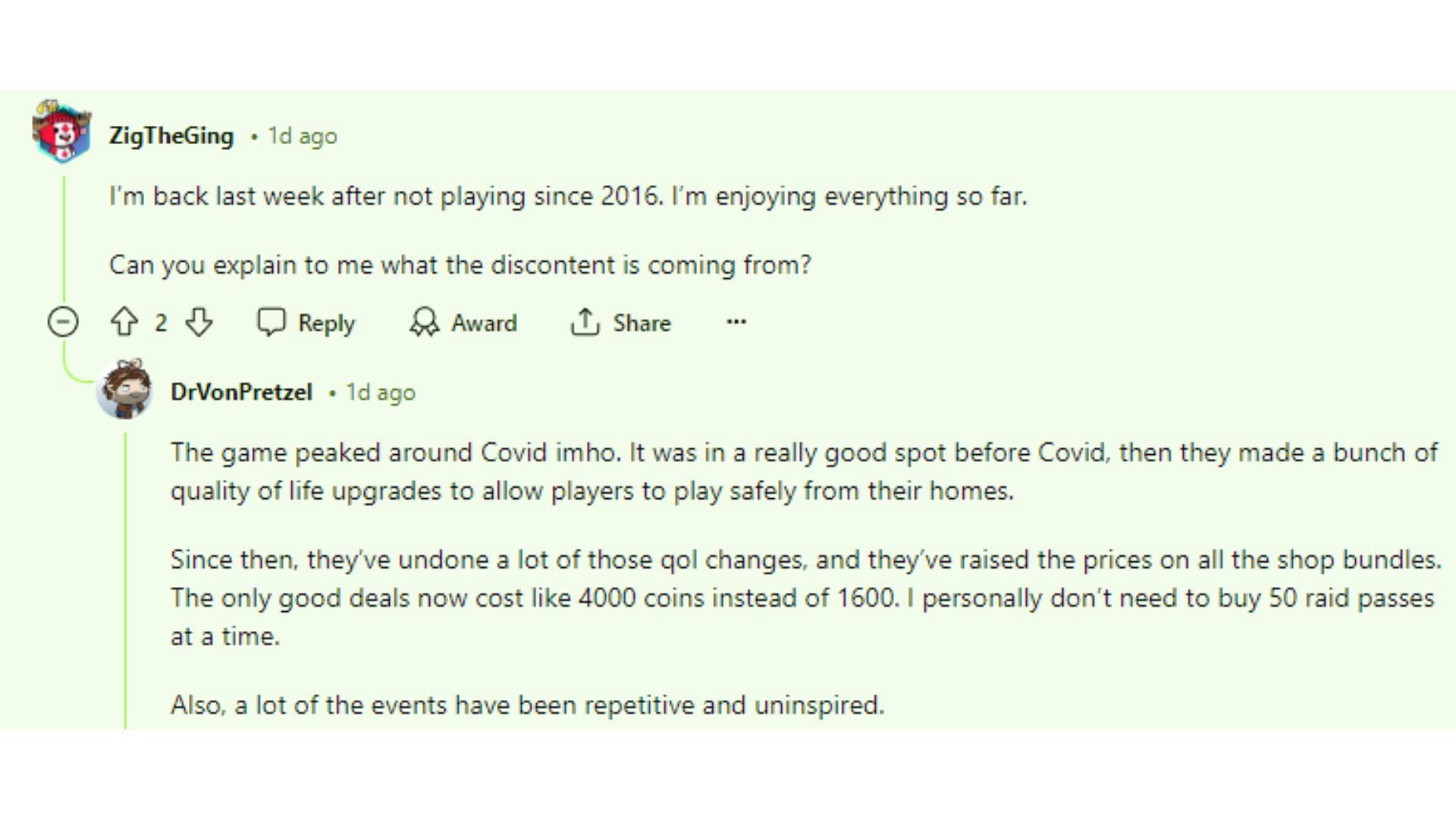 Gli utenti di Reddit condividono le loro opinioni sulla caduta del gioco (Immagine tramite Reddit)
