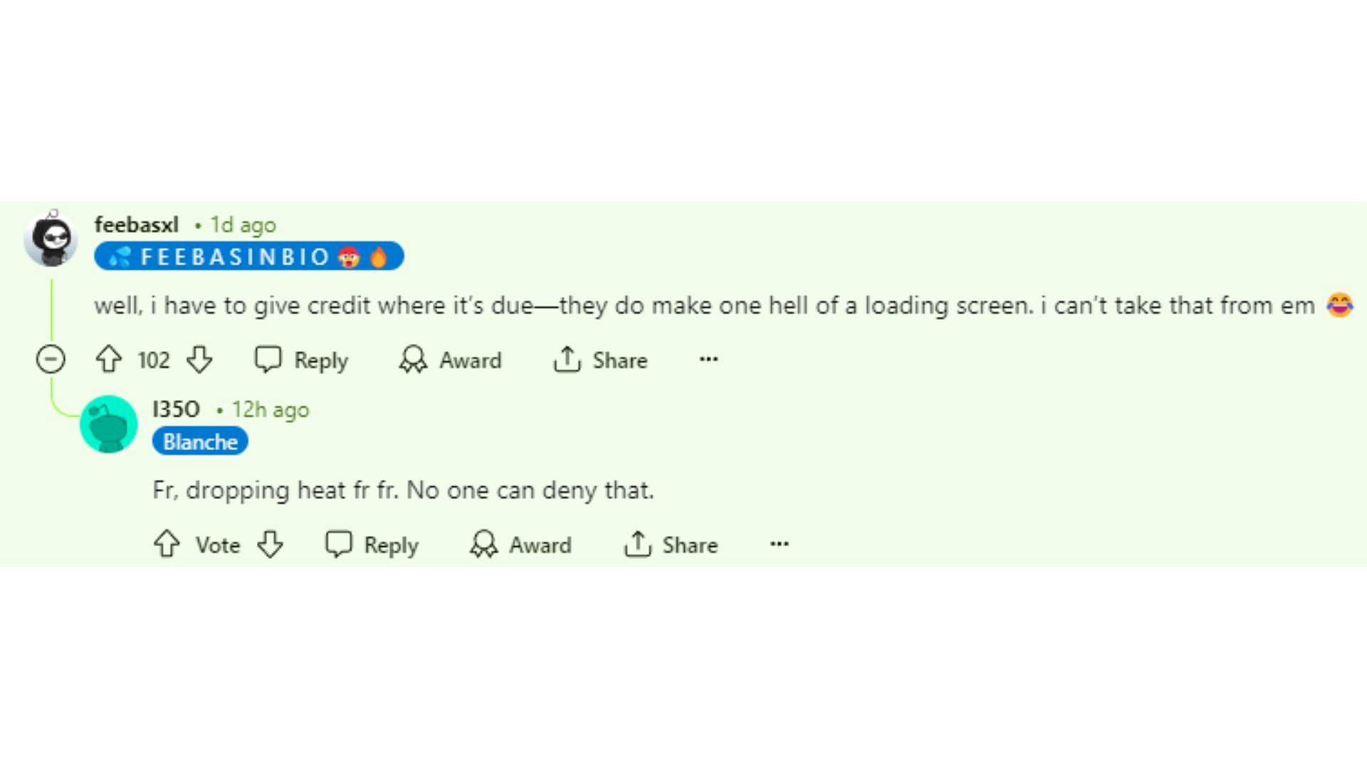Molti utenti Reddit, come feebasxl, hanno espresso il loro apprezzamento per la grafica del gioco (Immagine tramite Reddit)