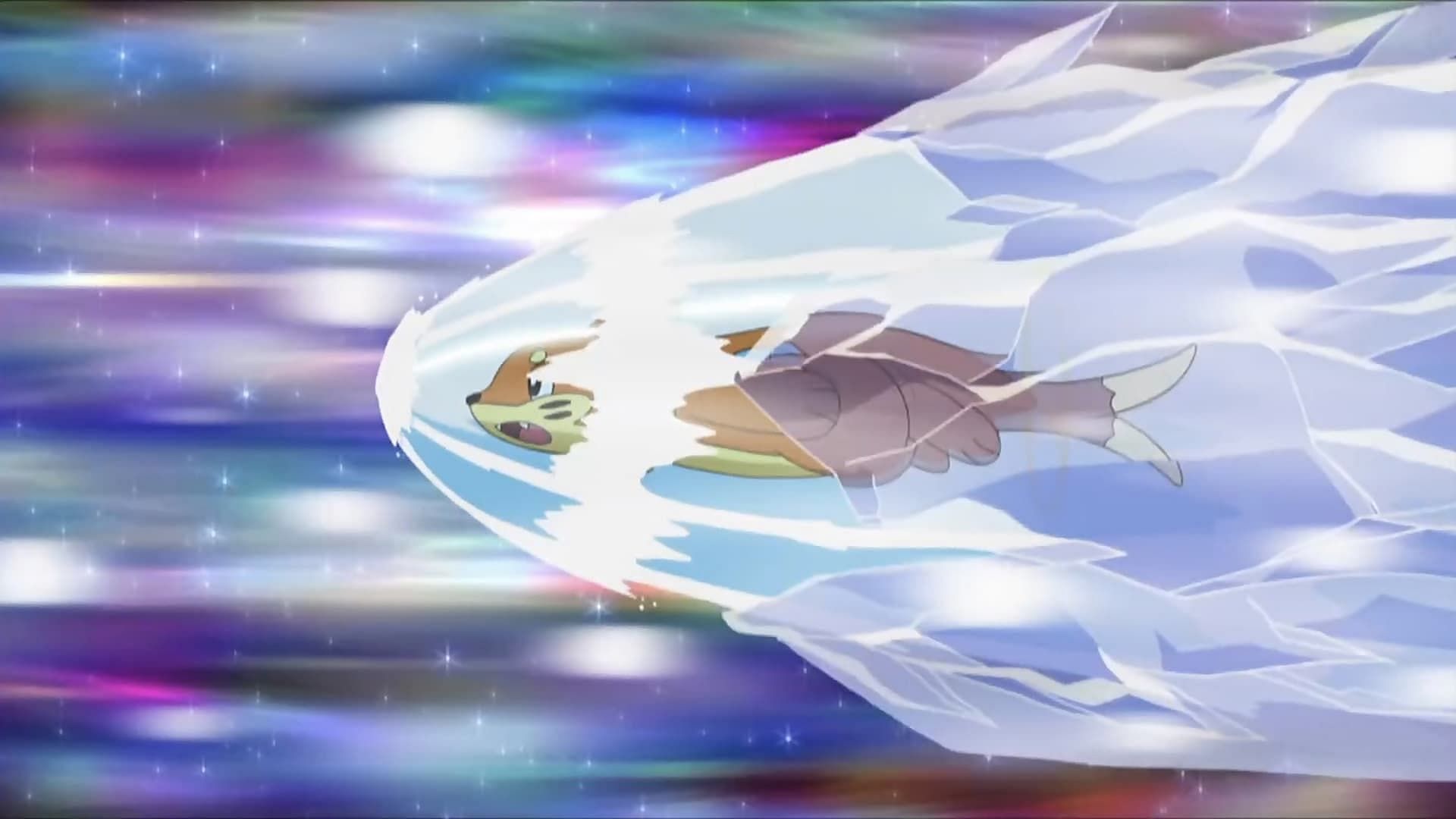 La mossa creativa inventata da Ash e Buizel, Ice Aqua Jet, come vista nell'anime (Immagine tramite TPC)