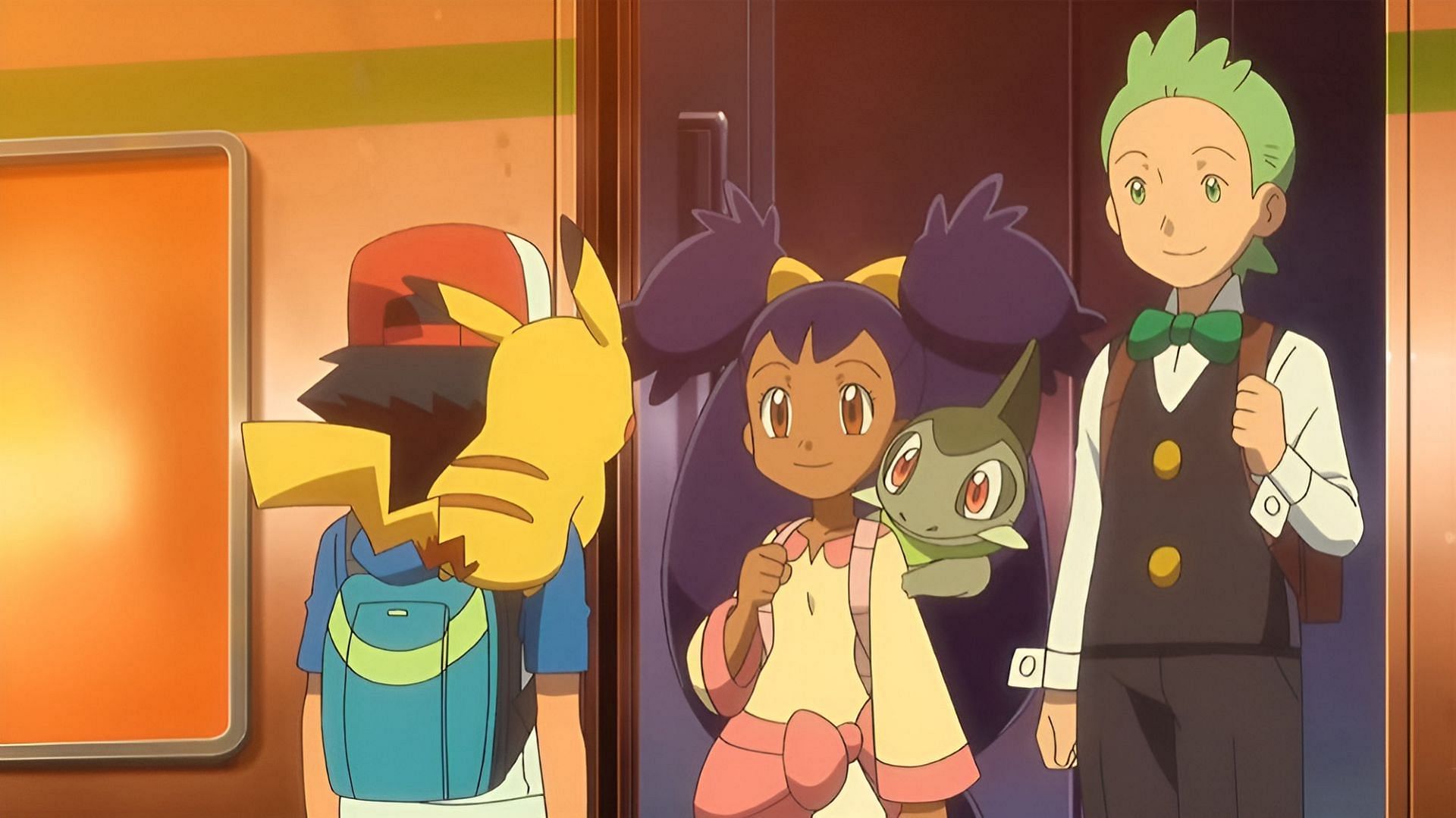 Ash dice addio a Iris e Cilian in questo episodio di Pokemon Bianco e Nero (Immagine tramite The Pokemon Company)