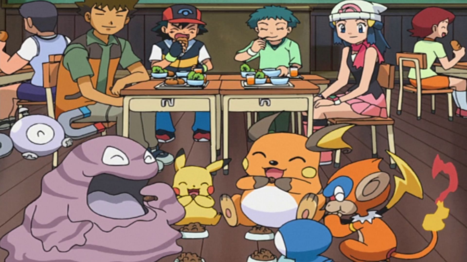 Un gruppo di vari personaggi secondari incontrati durante la serie di Sinnoh, il cast e gli amici si ritrovano al campo estivo del Professor Rowan (Immagine tramite The Pokemon Company)