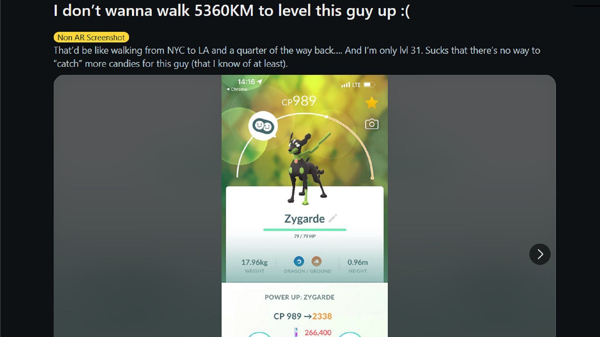 u/CallMePoro lamenta la distanza a piedi per ottenere abbastanza caramelle Zygarde per salire di livello in Pokemon GO (Immagine tramite u/CallMePoro/Reddit)