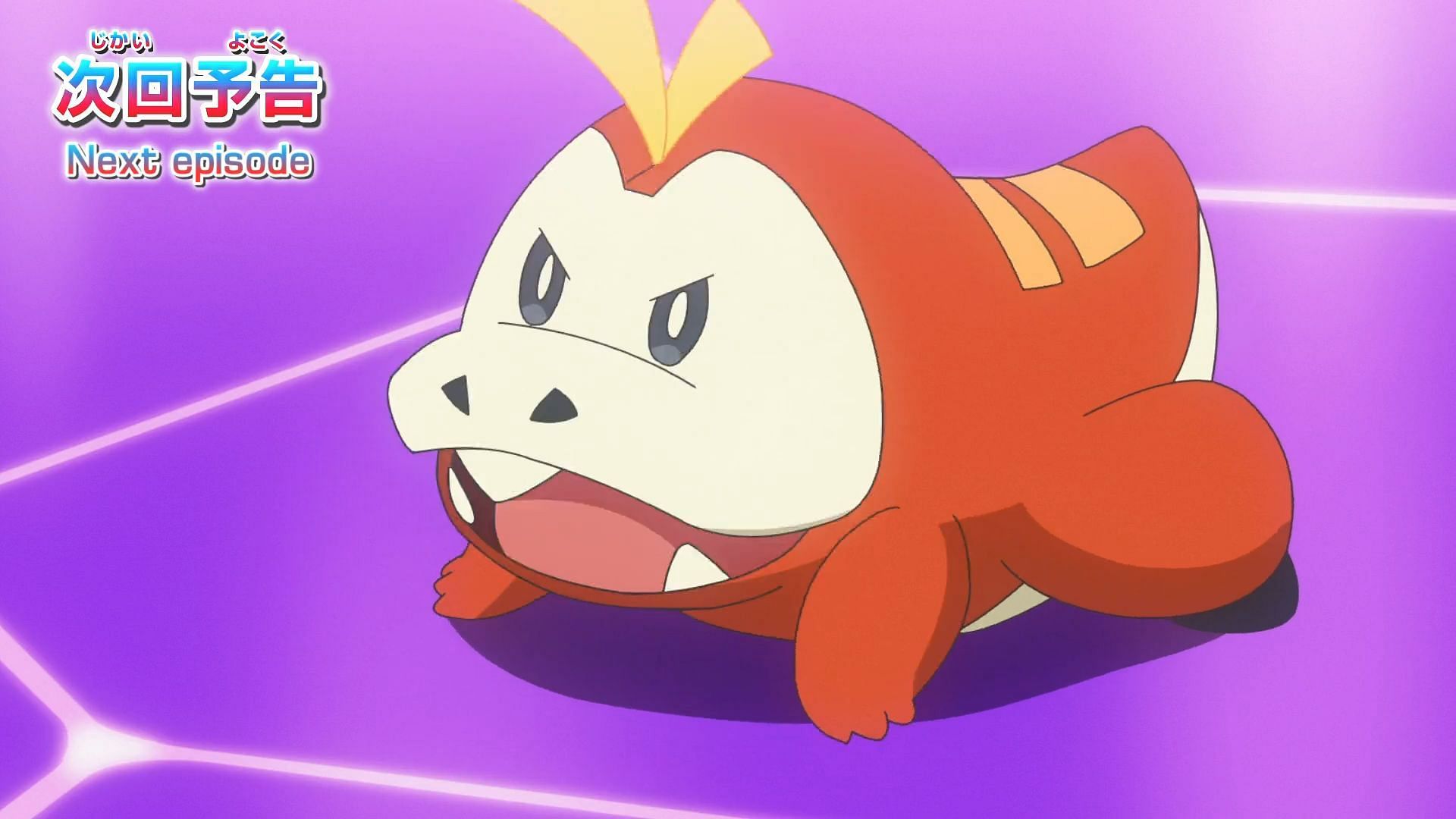 Fuecoco si rialza durante una rivincita con Ryme nell'anteprima dell'episodio 62. (Immagine tramite The Pokemon Company)