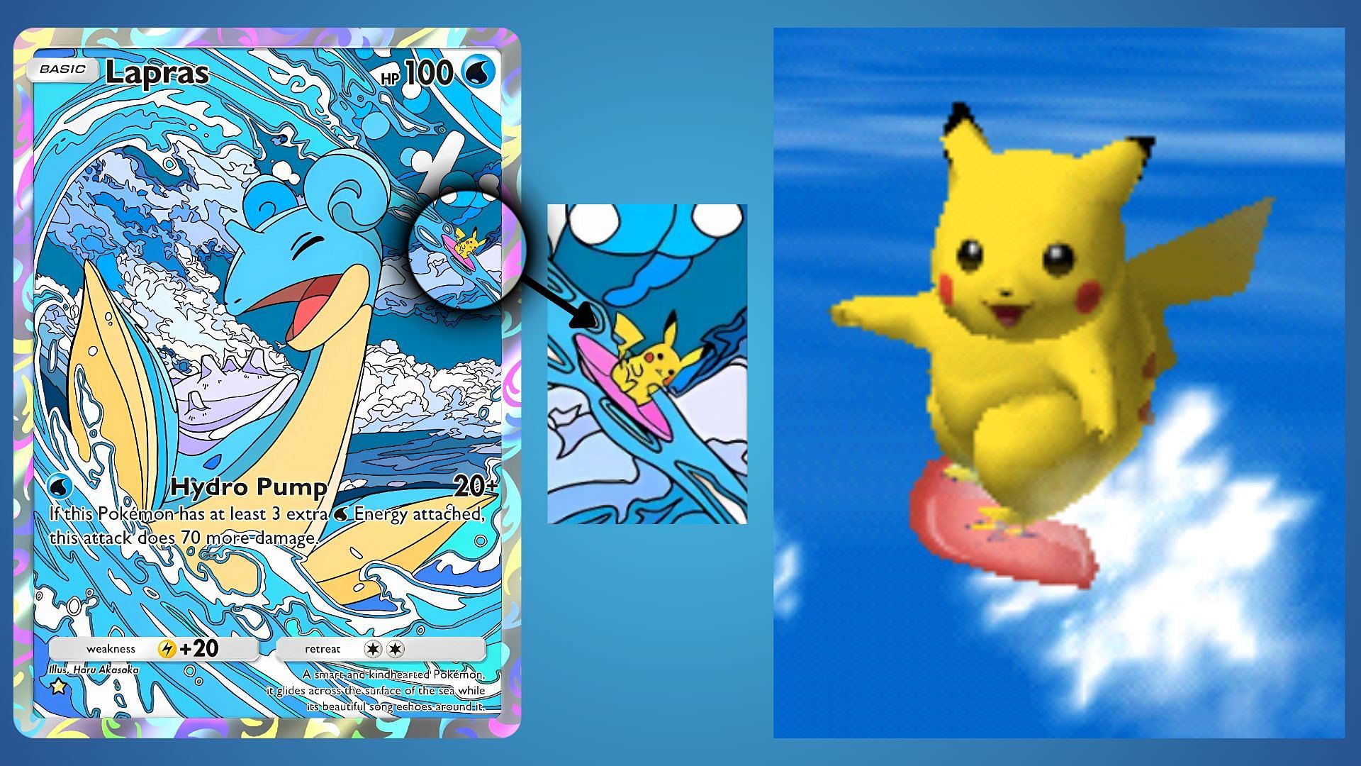 Surfare su Pikachu come visto nella carta di Lapras (Immagine tramite The Pokemon Company)