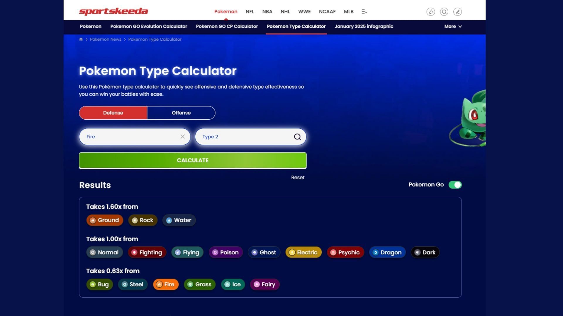 Calcolatore del tipo Pokemon di Sportskeeda (immagine tramite Sportskeeda)