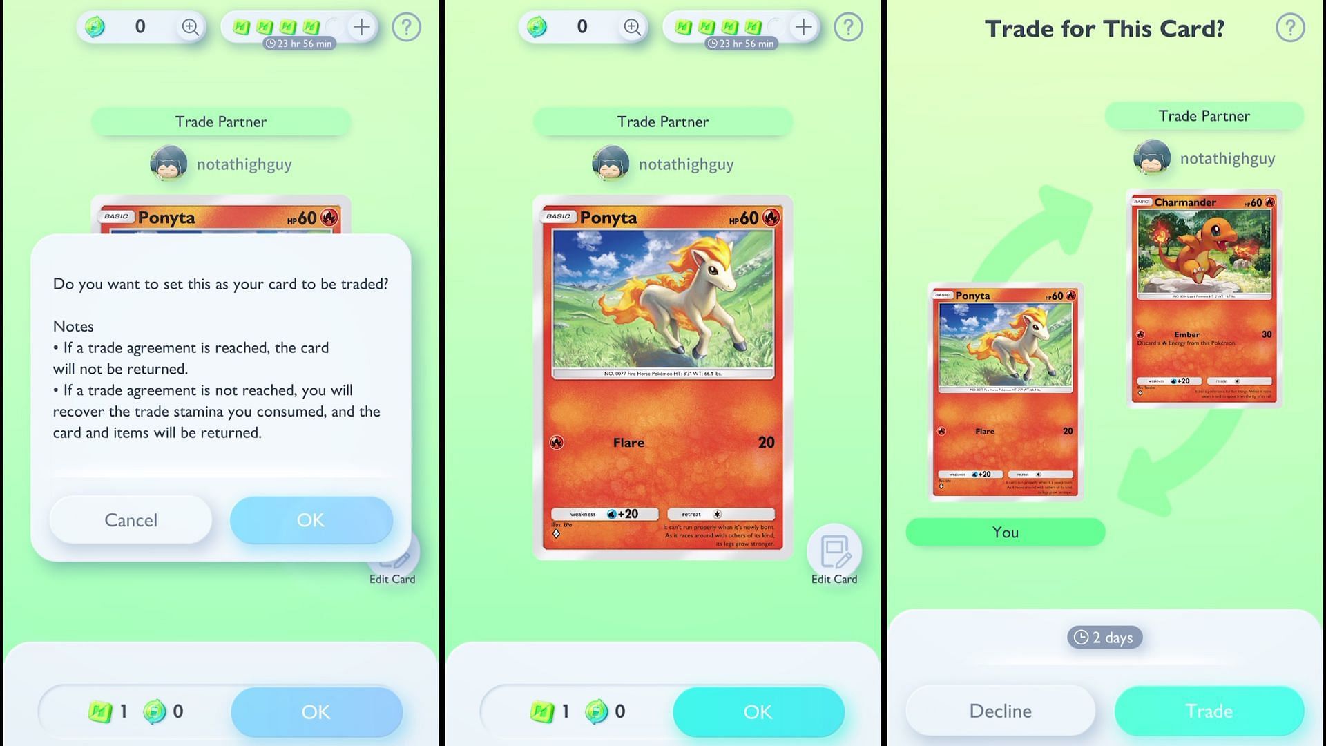 Passaggi per eseguire uno scambio nel gioco (immagine tramite la società Pokemon)