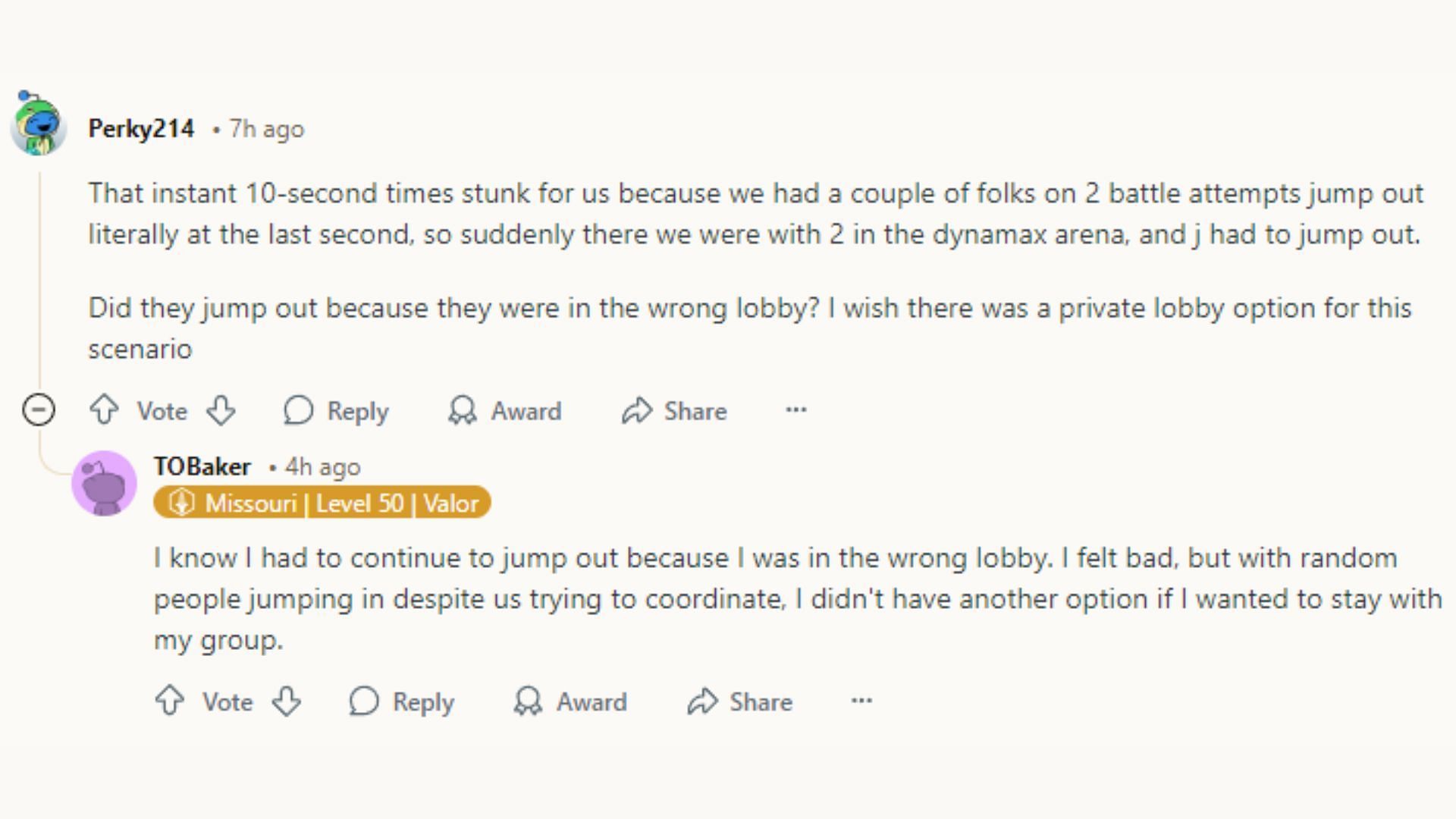 Il post di u/QuietRedditorATX ha fatto sì che i giocatori fornissero una prospettiva interessante rispetto all'attuale necessità di lobby private in Max Battles (Immagine tramite Reddit)