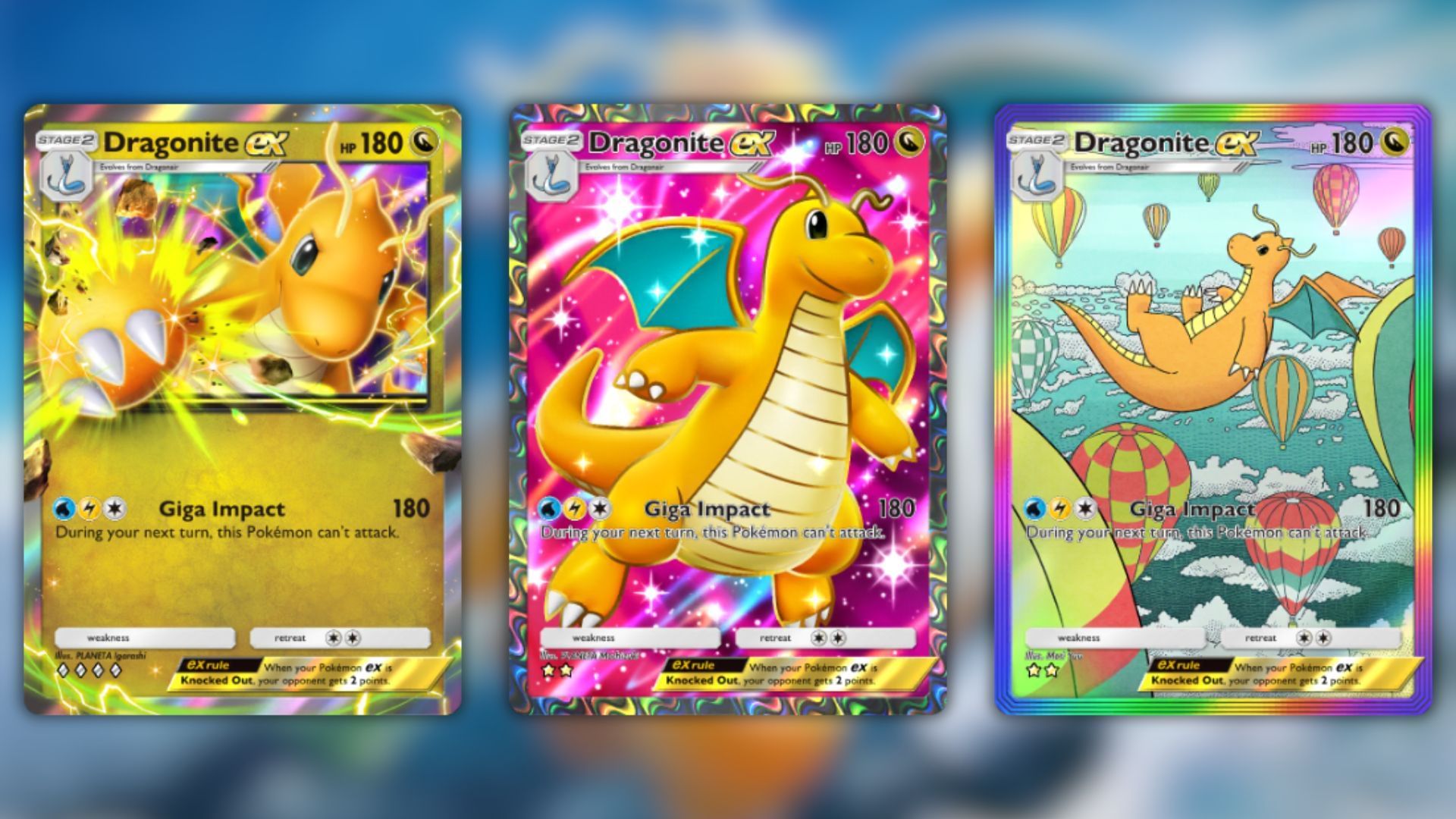 Tutte le varianti di Dragonite Ex di Eevee Grove viste nel gioco (immagine tramite la società Pokemon)